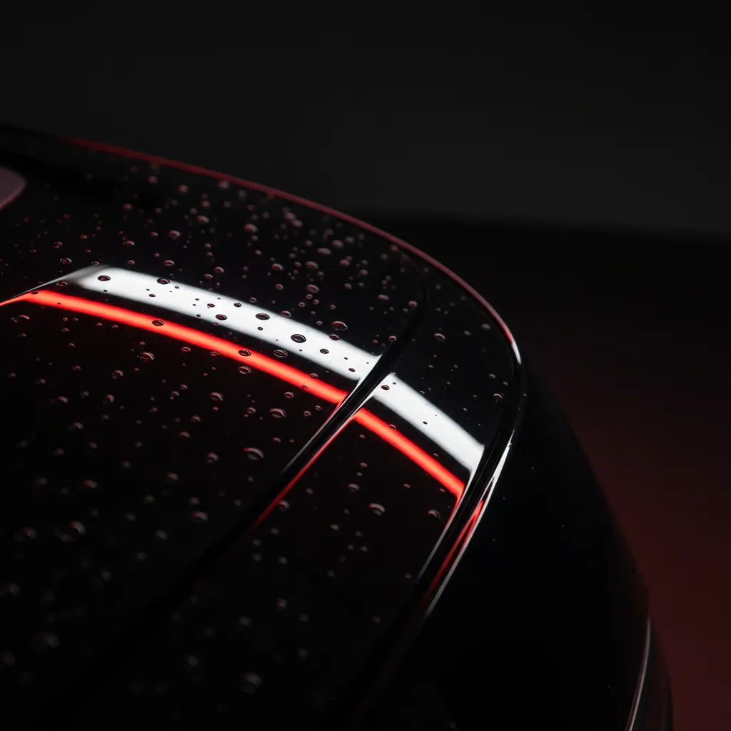 Framed high-contrast image of a glossy black car detail with red accents