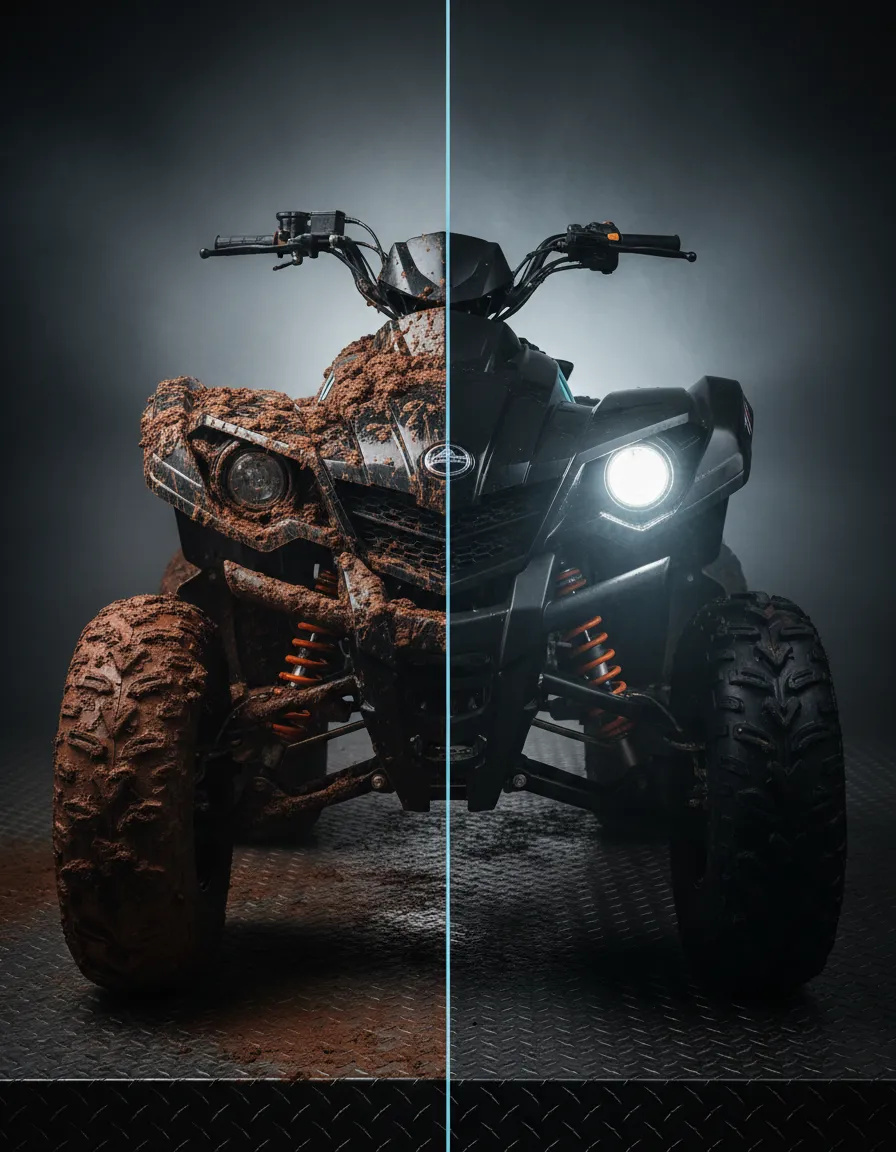Mud-to-Mirror Comparison Frame: Split-screen dirty ATV with textured Oklahoma mud on the left, and gleaming high-gloss finish on the right, divided by an orange line.