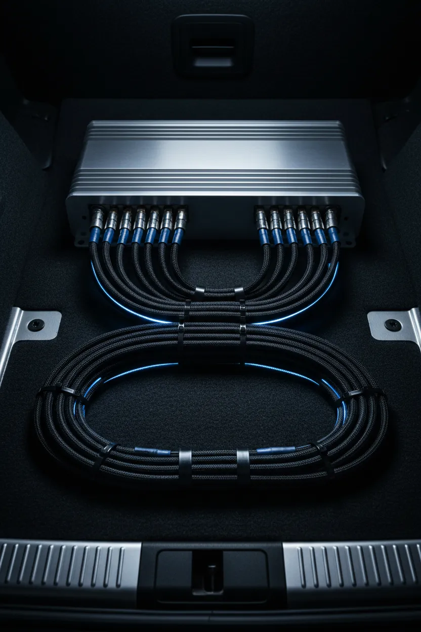 Meticulously organized amplifier wiring and power cables