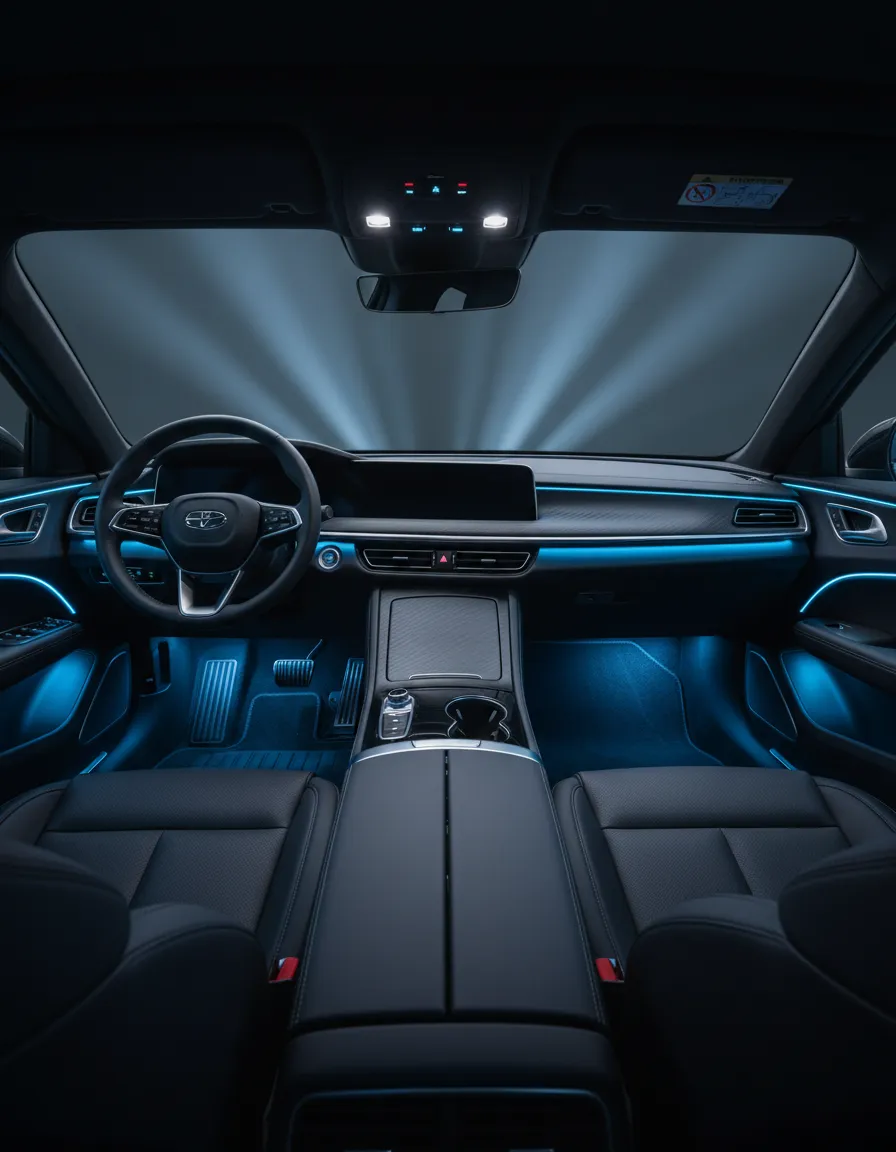 Clean custom interior vehicle LED lighting highlighting footwells and dash