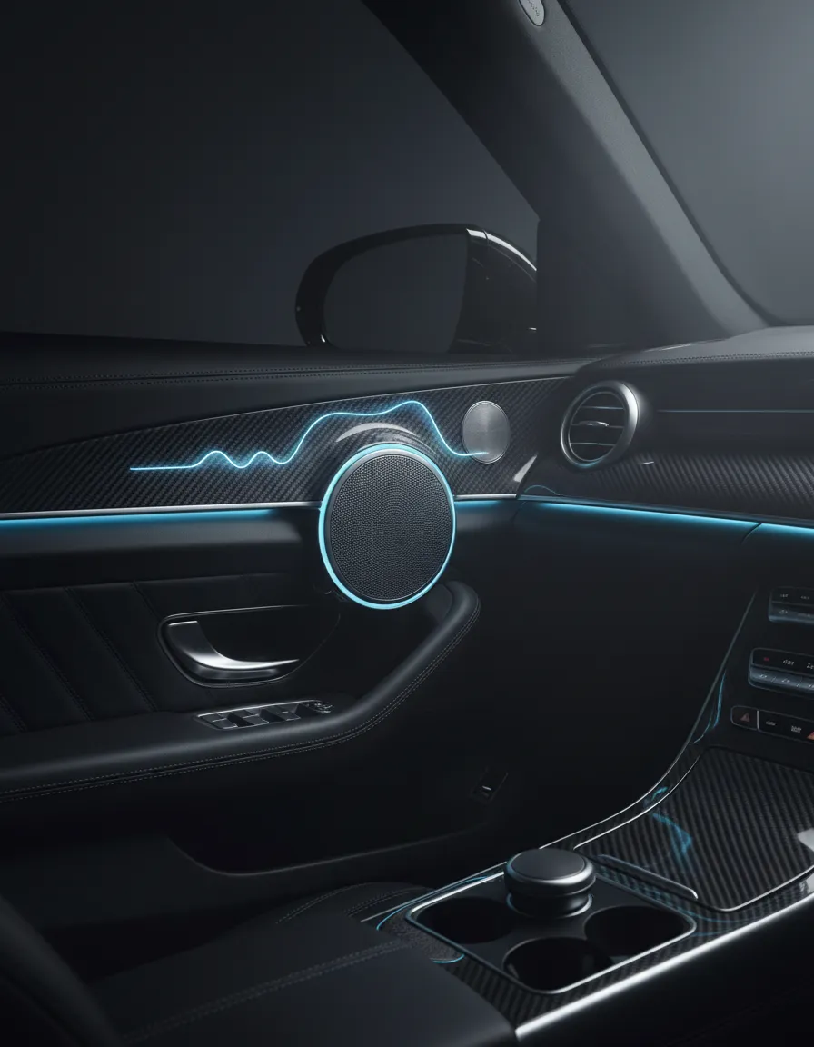 Dashboard speaker with electric blue soundwave graphics