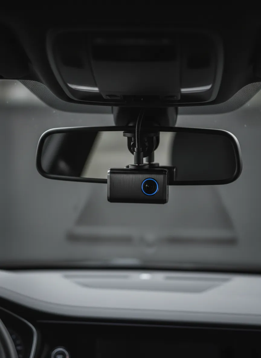 HUD-Overlay close-up of hardwired dash camera installation
