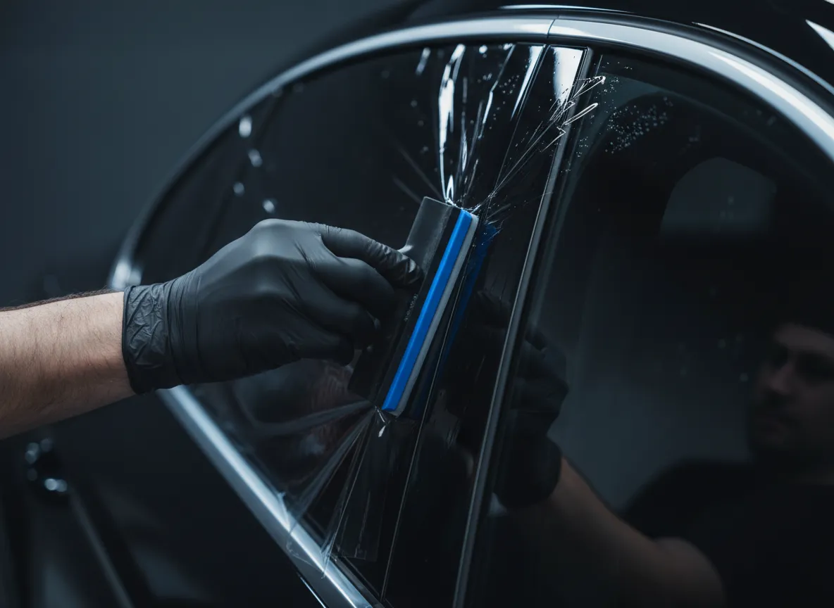 Close-up of premium window tint film being applied to a vehicle window