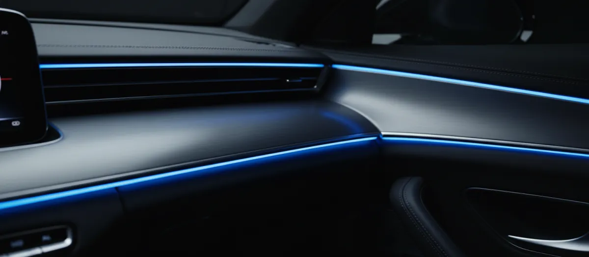 Cinematic close-up of beautifully integrated LED trim in a luxury vehicle interior