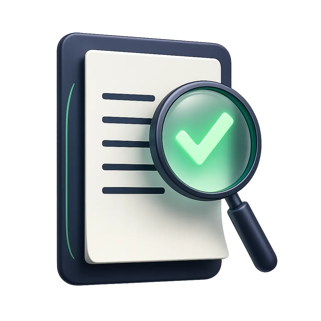3D graphic of an inspection report with a magnifying glass revealing a hidden green checkmark