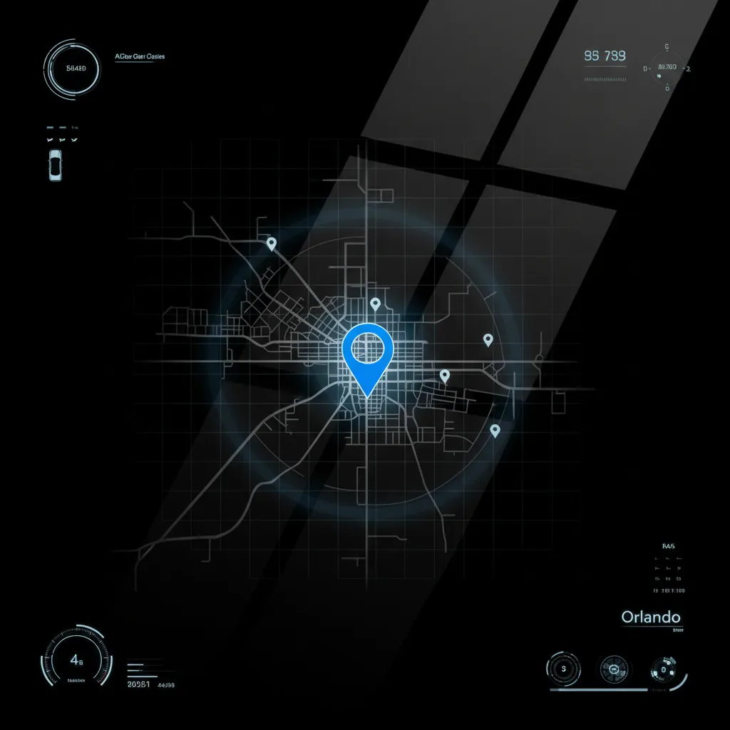 Premium map visual of Orlando Florida service area with an electric blue location pin and dark automotive tech interface aesthetic