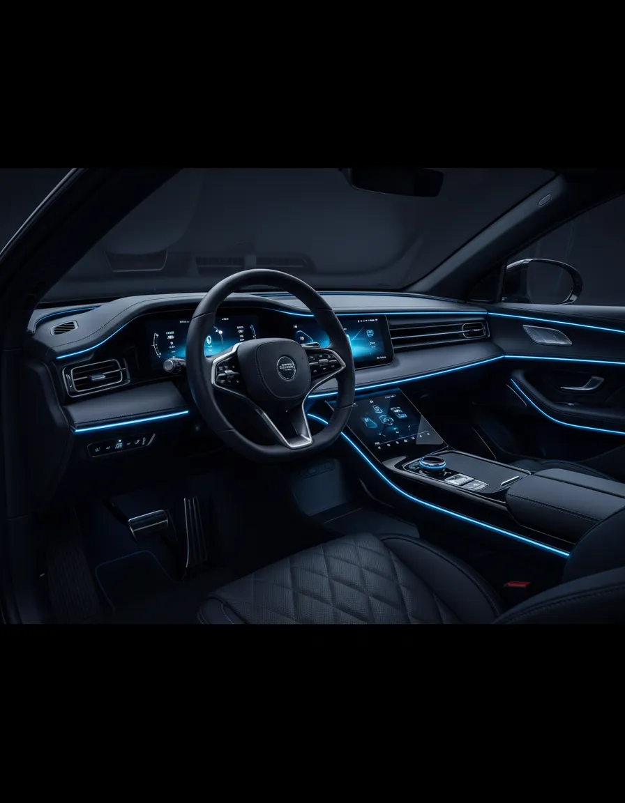 Modern vehicle interior with blue ambient lighting