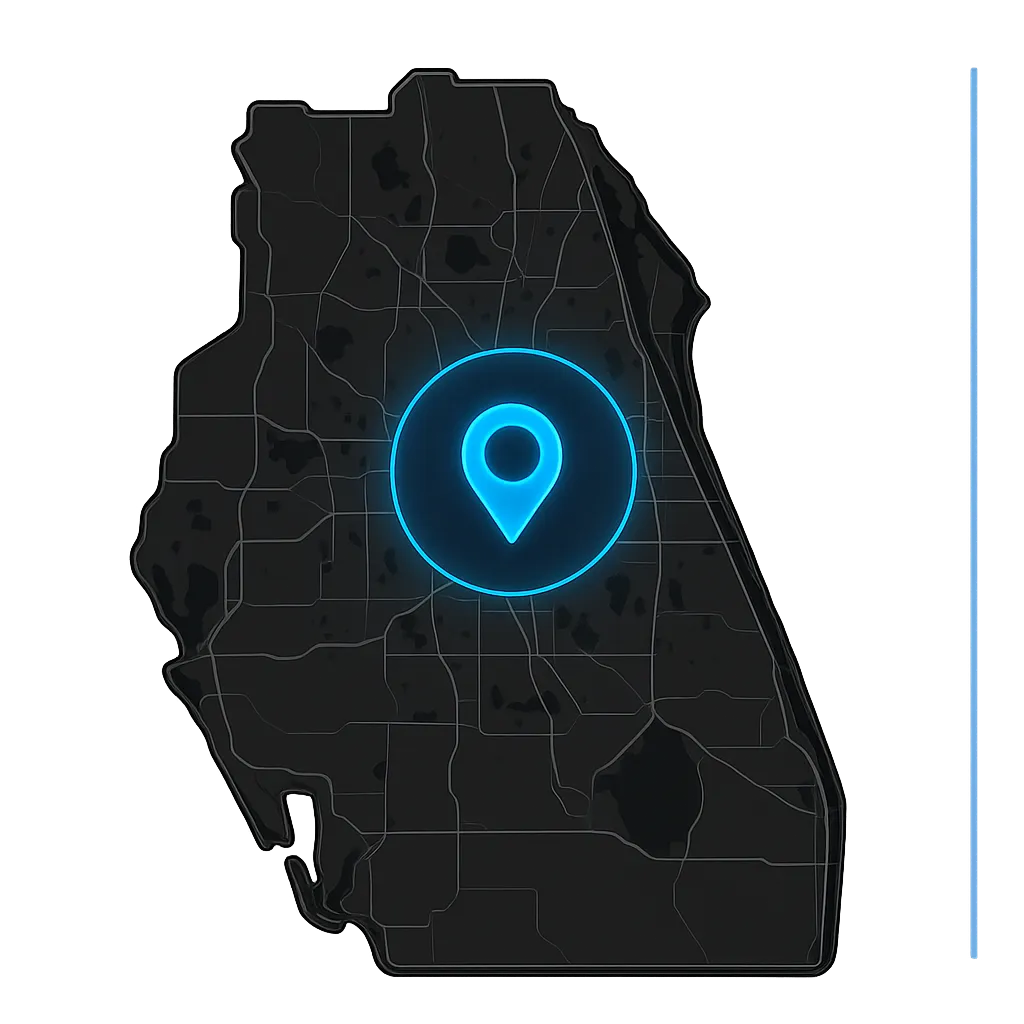 Illustrated map of Orlando, FL showing Ground Level Customs service area with an electric blue pin