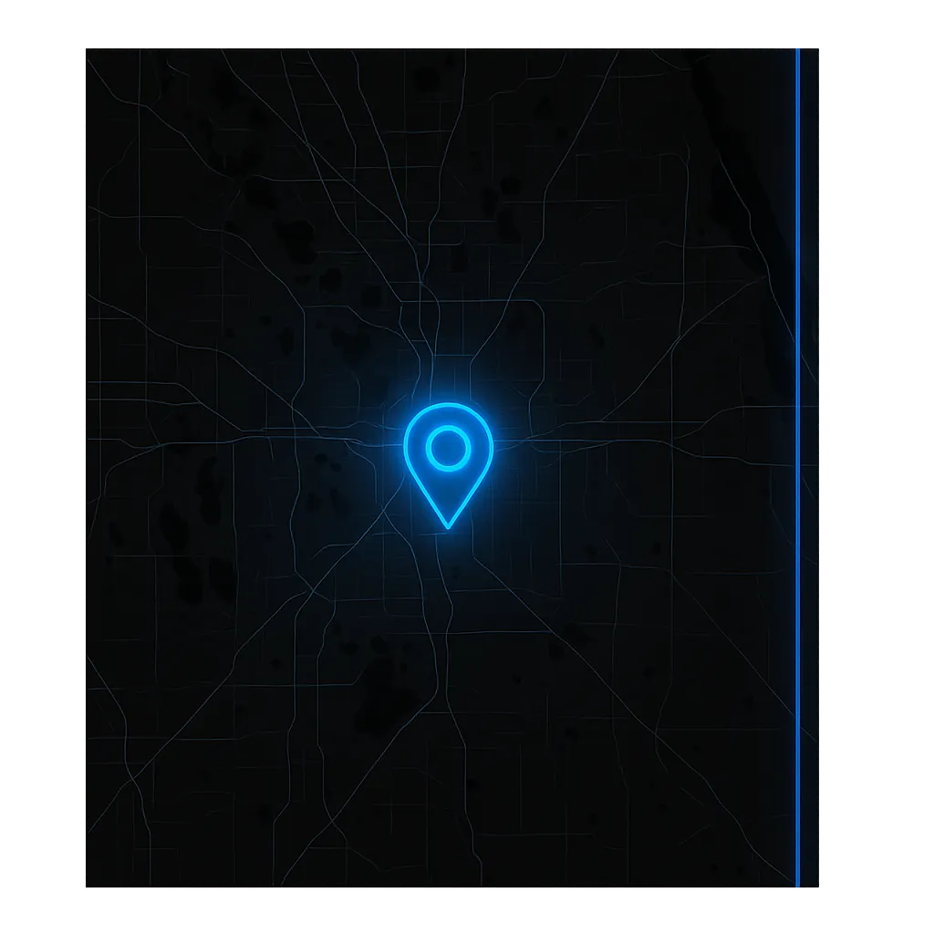Monochrome dark map of Orlando with electric blue pin and a faint blue radial glow covering the service radius from Winter Park to Bithlo