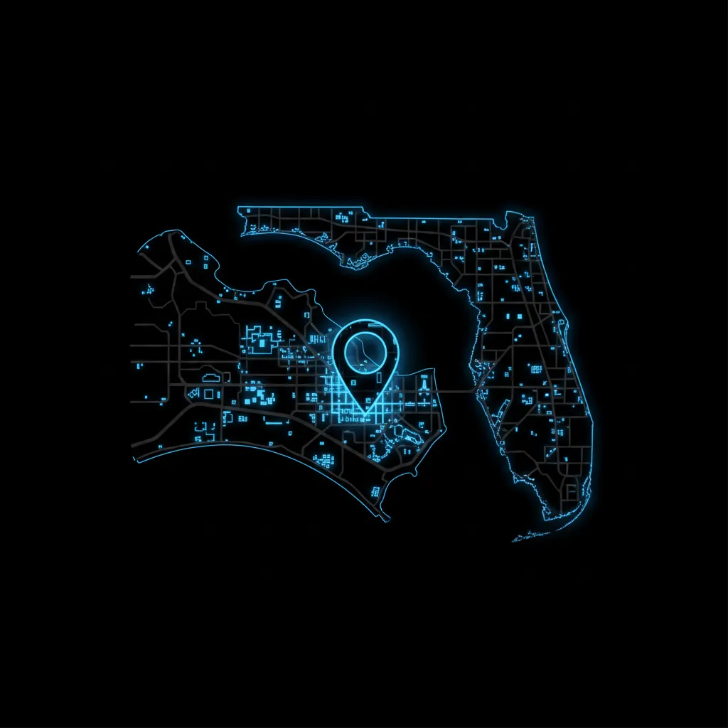 Clean illustrated Orlando Central Florida map with a blue location pin and subtle glowing service-area highlights