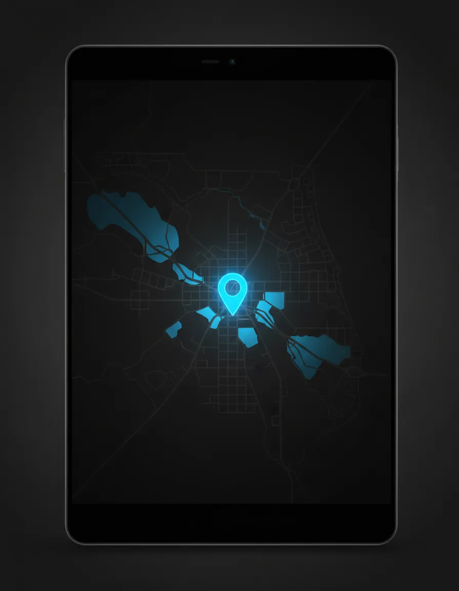 Map of Orlando Florida service area for Ground Level Customs showing electric blue location pin