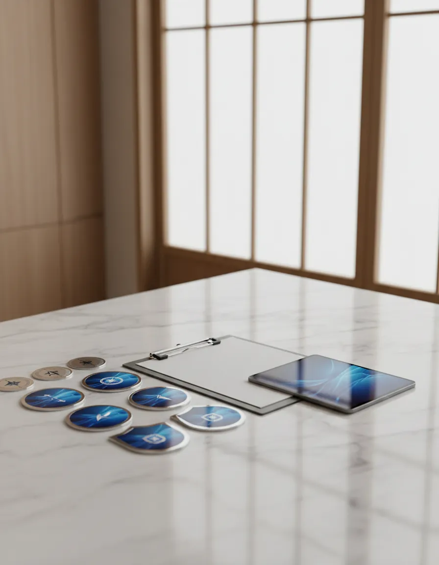 High-quality certification badges and a clipboard on a pristine white desk