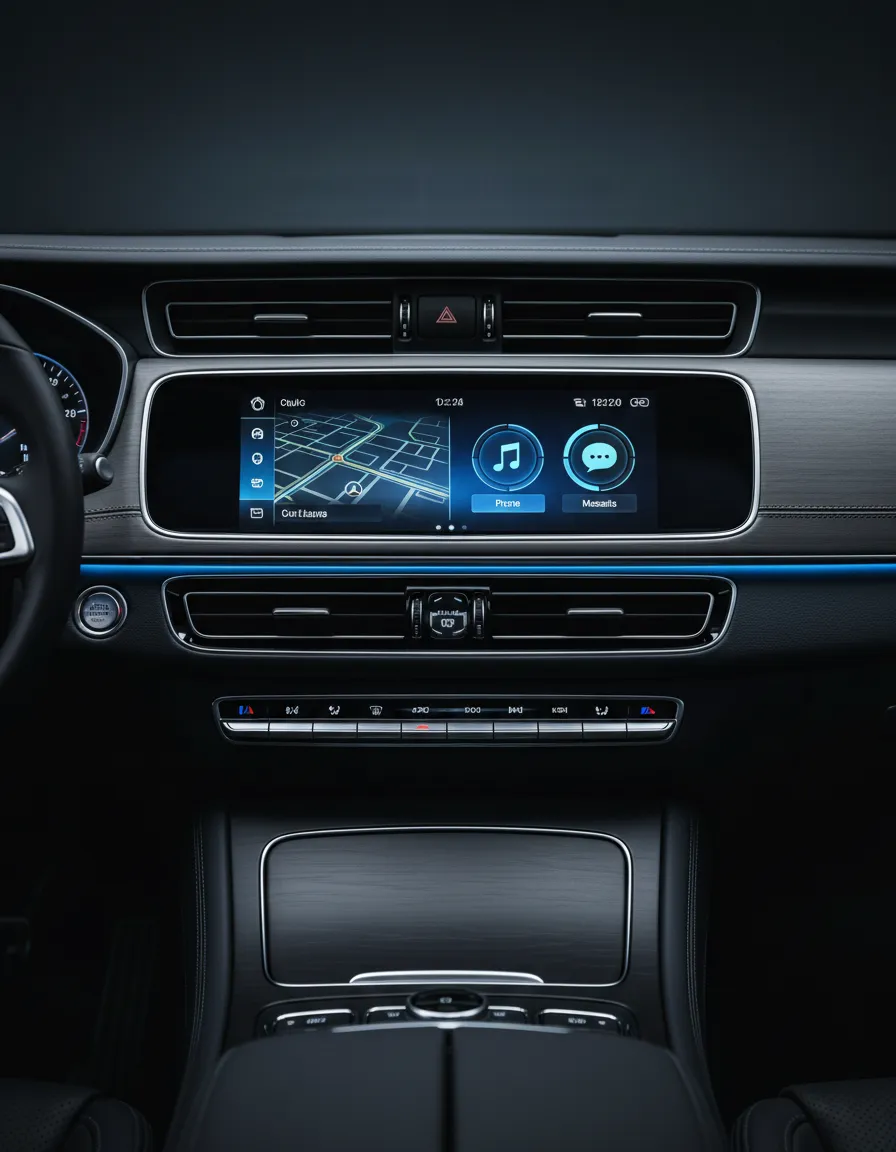 Clean dashboard touchscreen radio installation with blue accent lighting