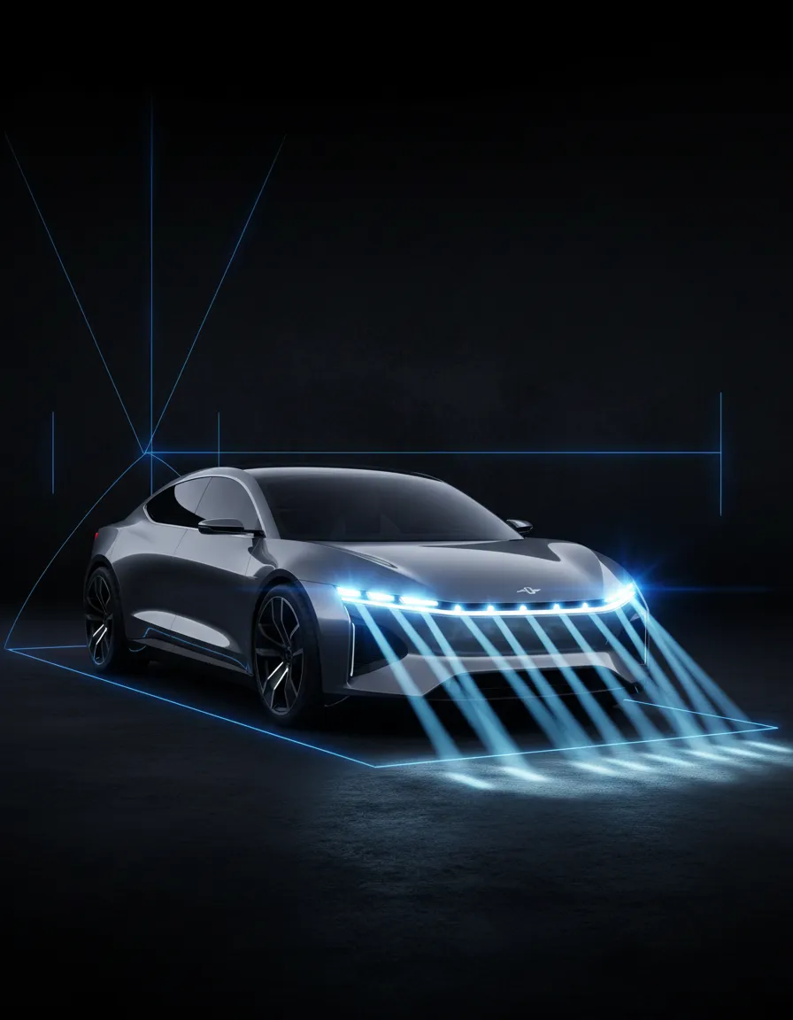 Modern vehicle with bright LED headlight beam pattern at night