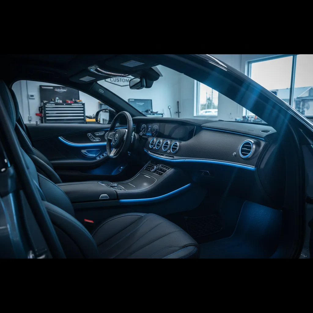 Premium vehicle interior with ambient lighting at Ground Level Customs shop in Orlando