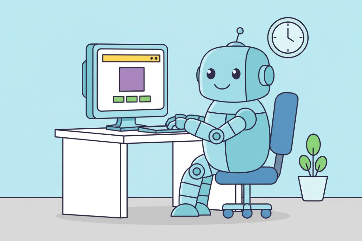 Cartoon-style friendly robot seated at a desk using a desktop computer showing a visible webpage; centered composition, flat vector illustration, bright limited palette.