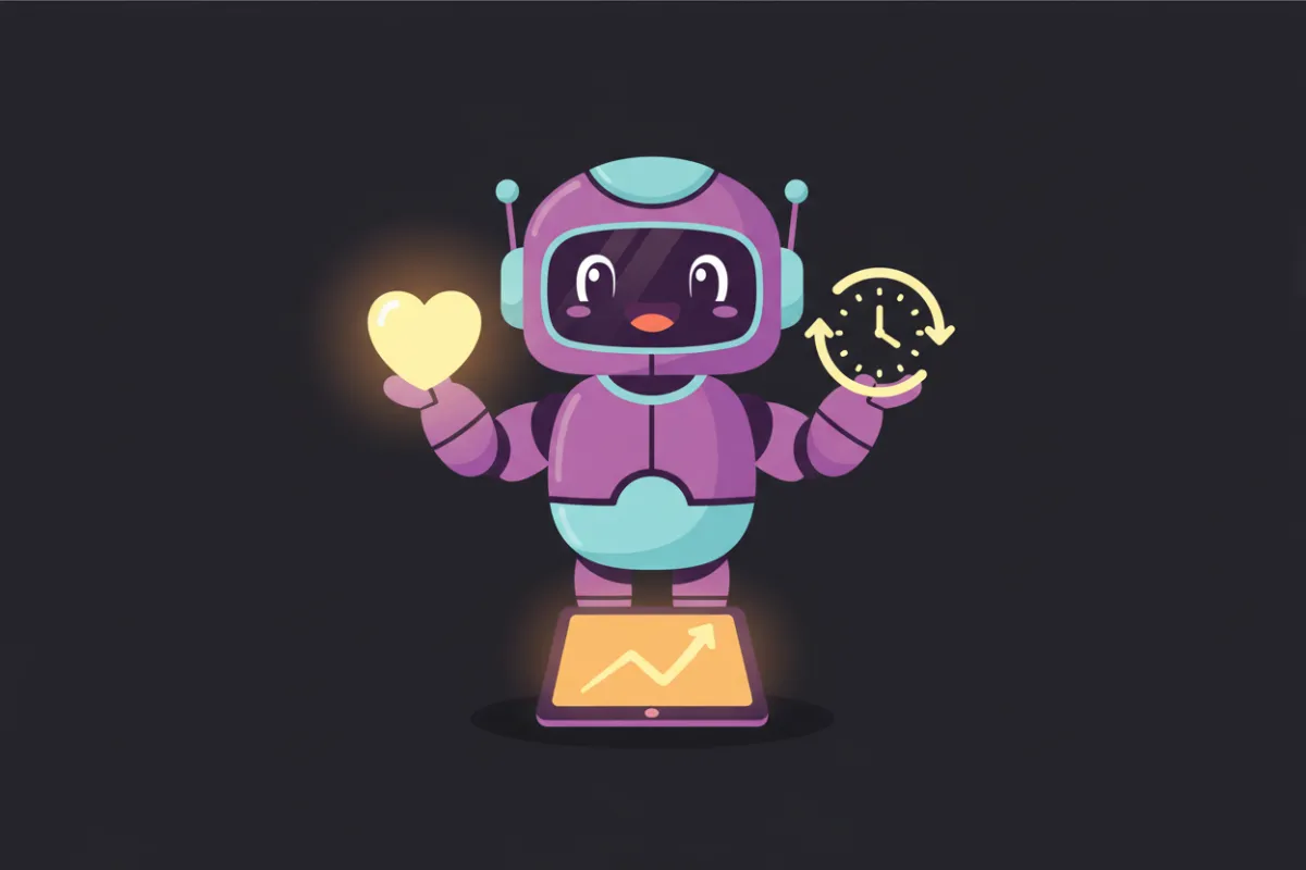 Cartoon friendly bot representing client retention on an online platform