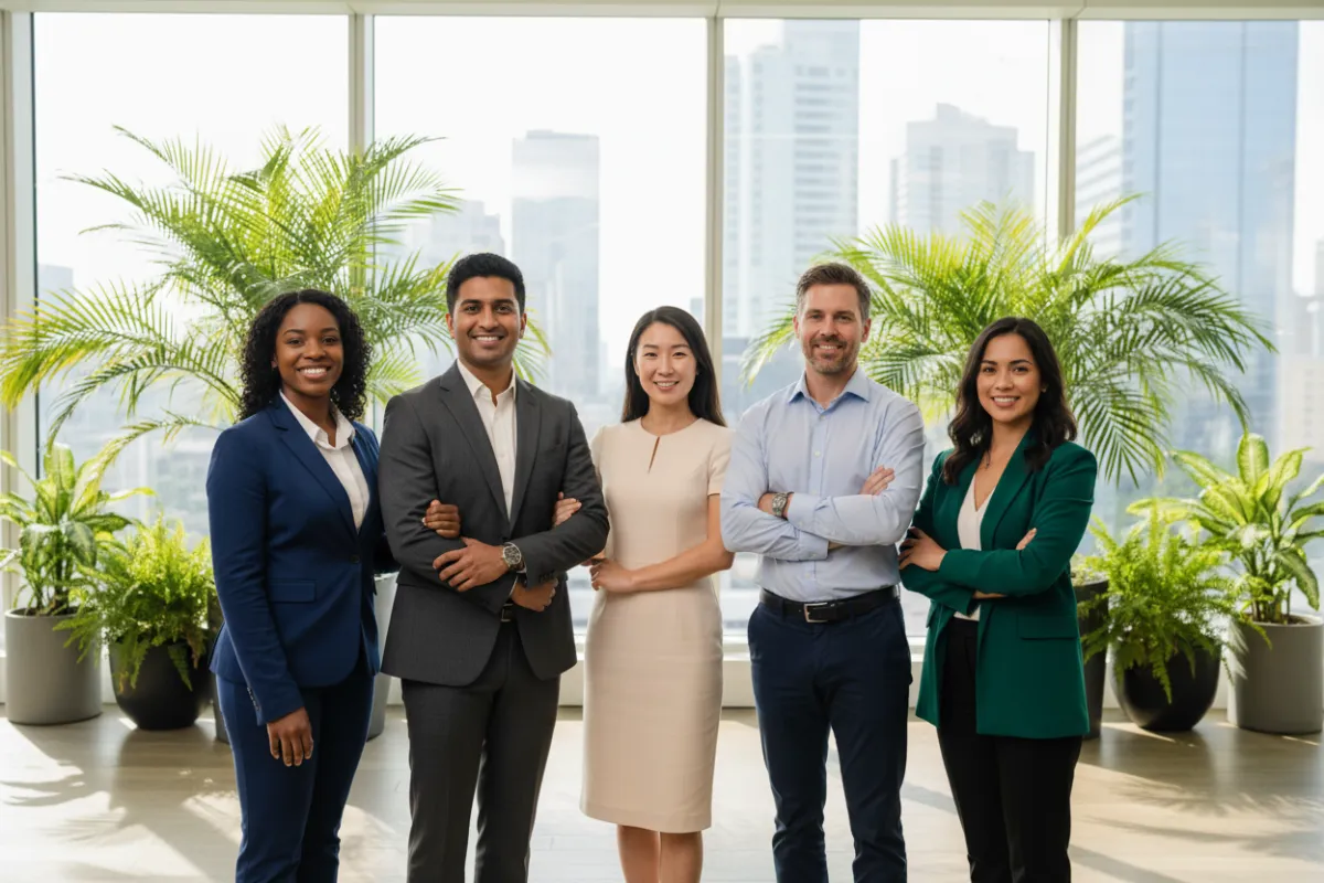 A realistic team portrait of five diverse financial professionals standing together in a modern office. They are dressed in business attire, smiling confidently, with a backdrop of large windows and green plants, reflecting unity and expertise.