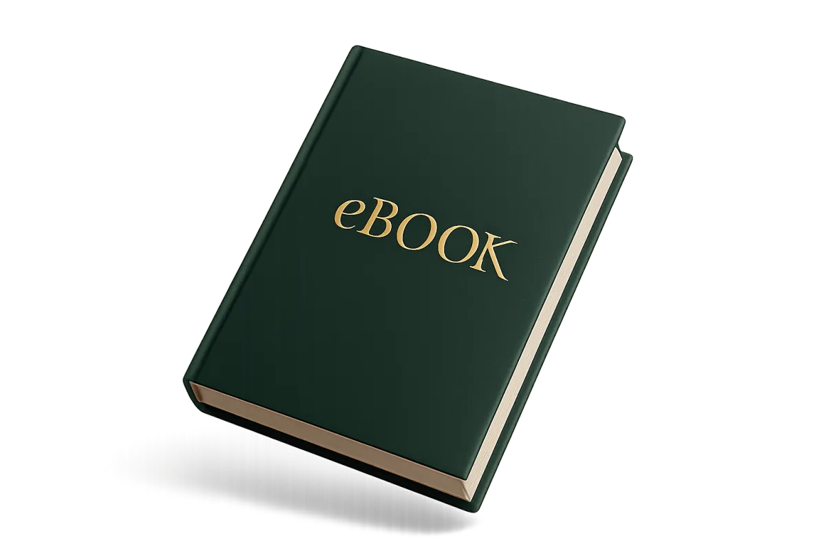 Photorealistic luxury hardcover eBook with gold-embossed title, deep green cover, floating on transparent background