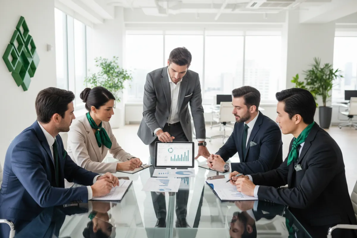 A diverse group of professionals reviewing financial documents in a modern office, conveying collaboration and financial expertise.