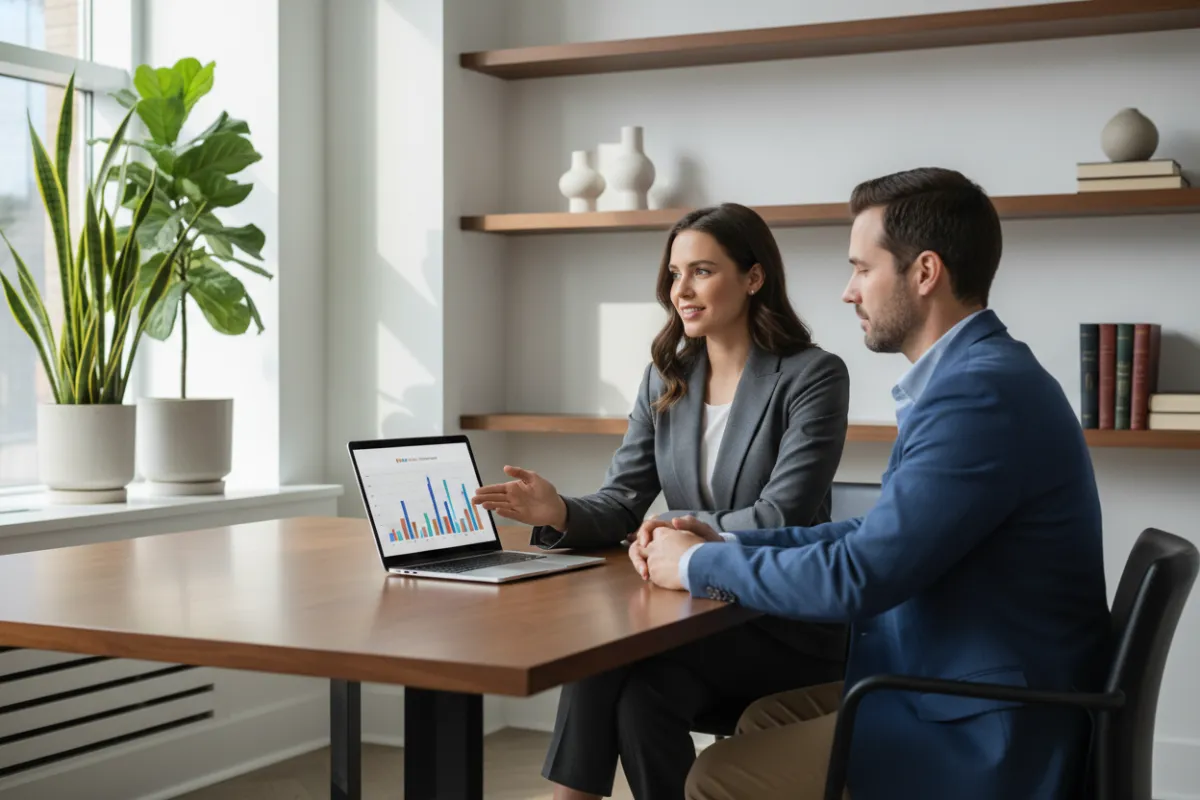 Professional financial advisor consulting with a client in a modern office