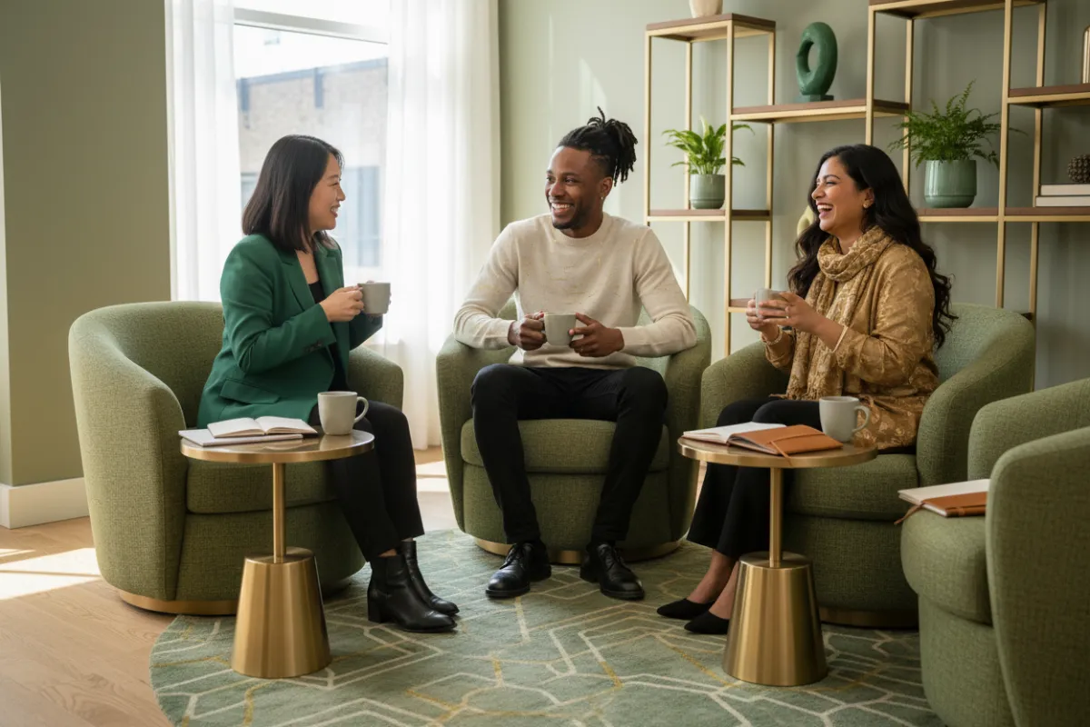 Three diverse clients smiling and conversing in a modern lounge area, holding coffee cups, with green and gold accents.