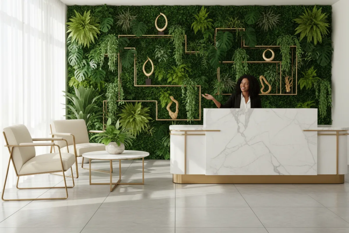 A photorealistic image of a welcoming office reception area with a smiling receptionist at a marble desk. The space features lush green plants, gold accents, and soft natural light, creating an inviting atmosphere for new clients.