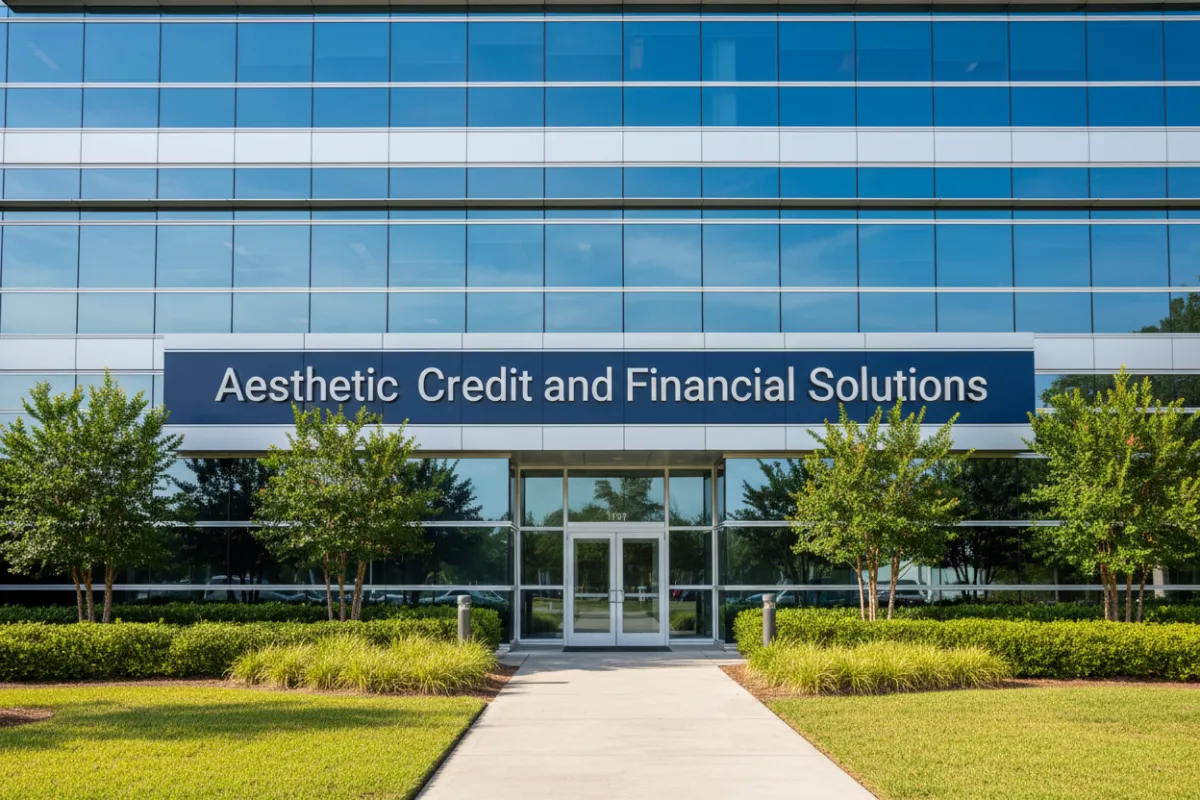 A realistic image of a modern office building exterior with large glass windows, green landscaping, and a prominent sign reading 'Aesthetic Credit and Financial Solutions.' The setting is bright and professional, suggesting accessibility and trust.
