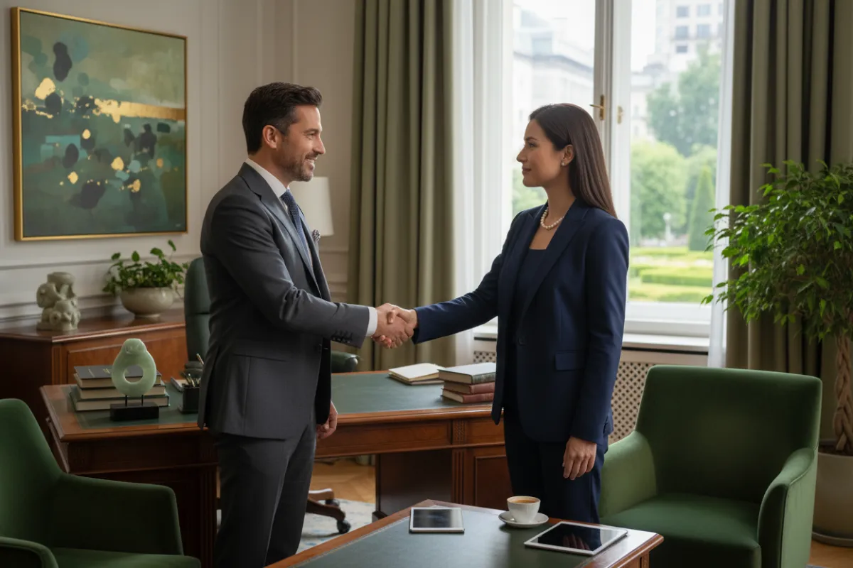 A well-dressed client shaking hands with a financial consultant in a private, elegantly decorated office, conveying trust and high-end service.