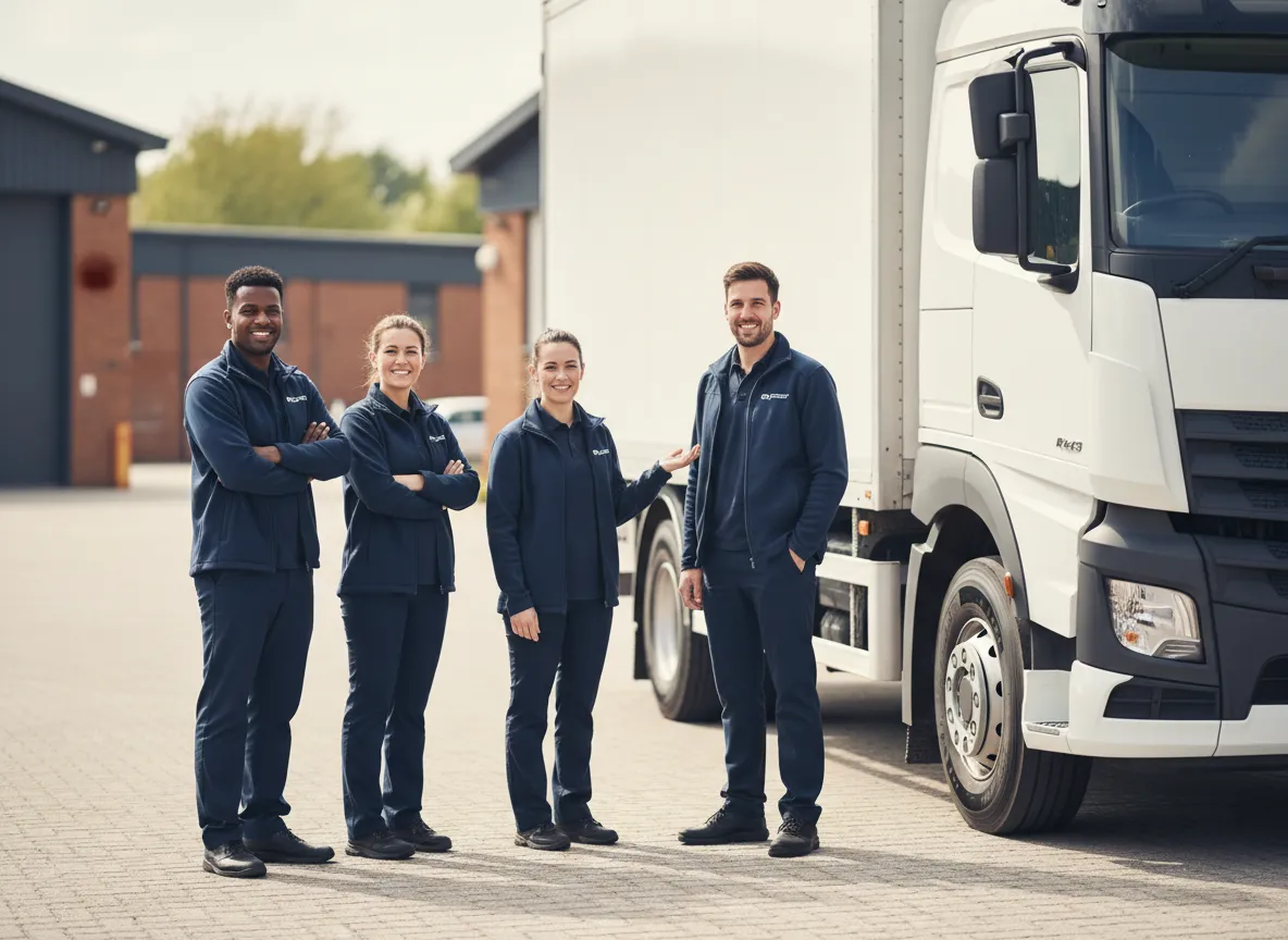 Mway Transportation team member standing beside an enclosed vehicle transporter