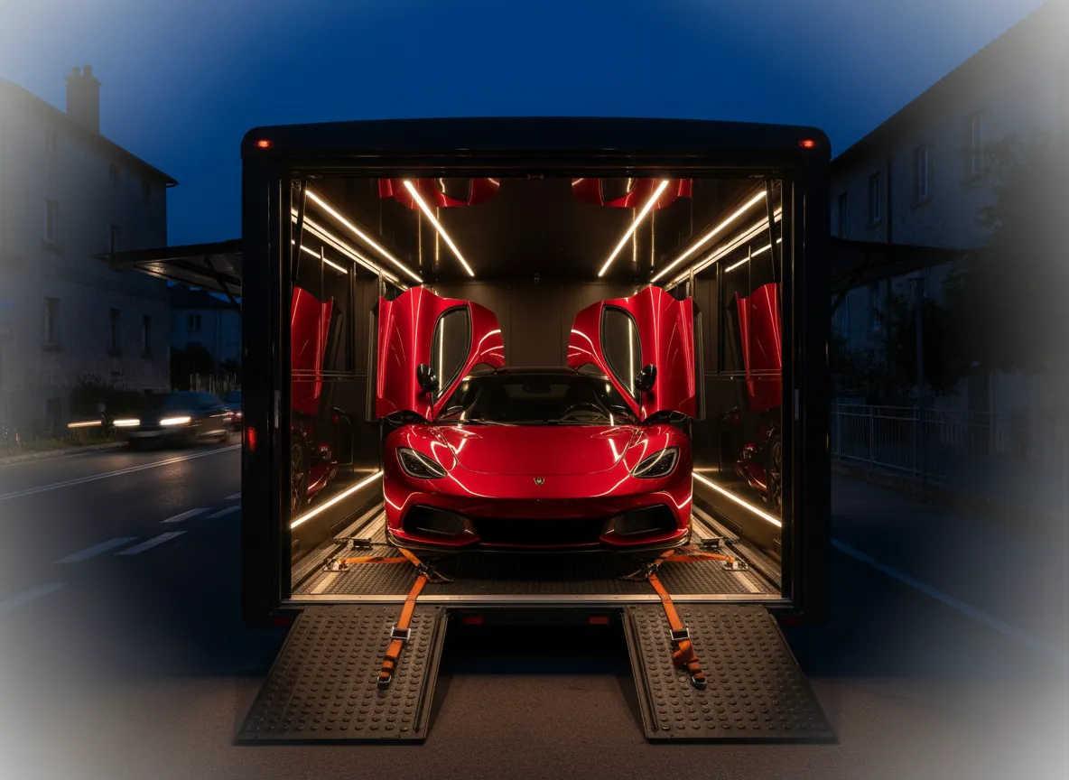 Vehicle on enclosed trailer being transported across Europe