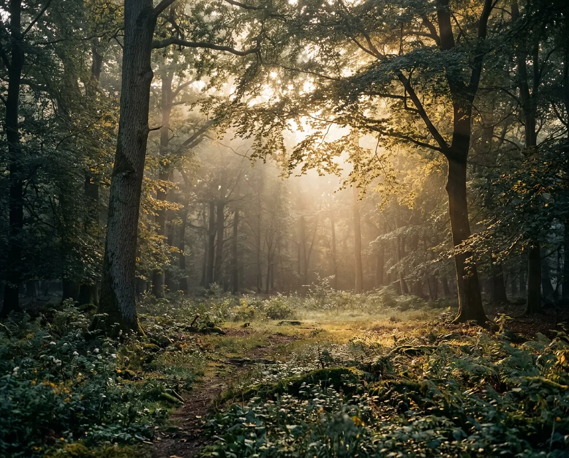 Soft golden sunlight breaking through morning mist and forest canopy representing curiosity and clarity