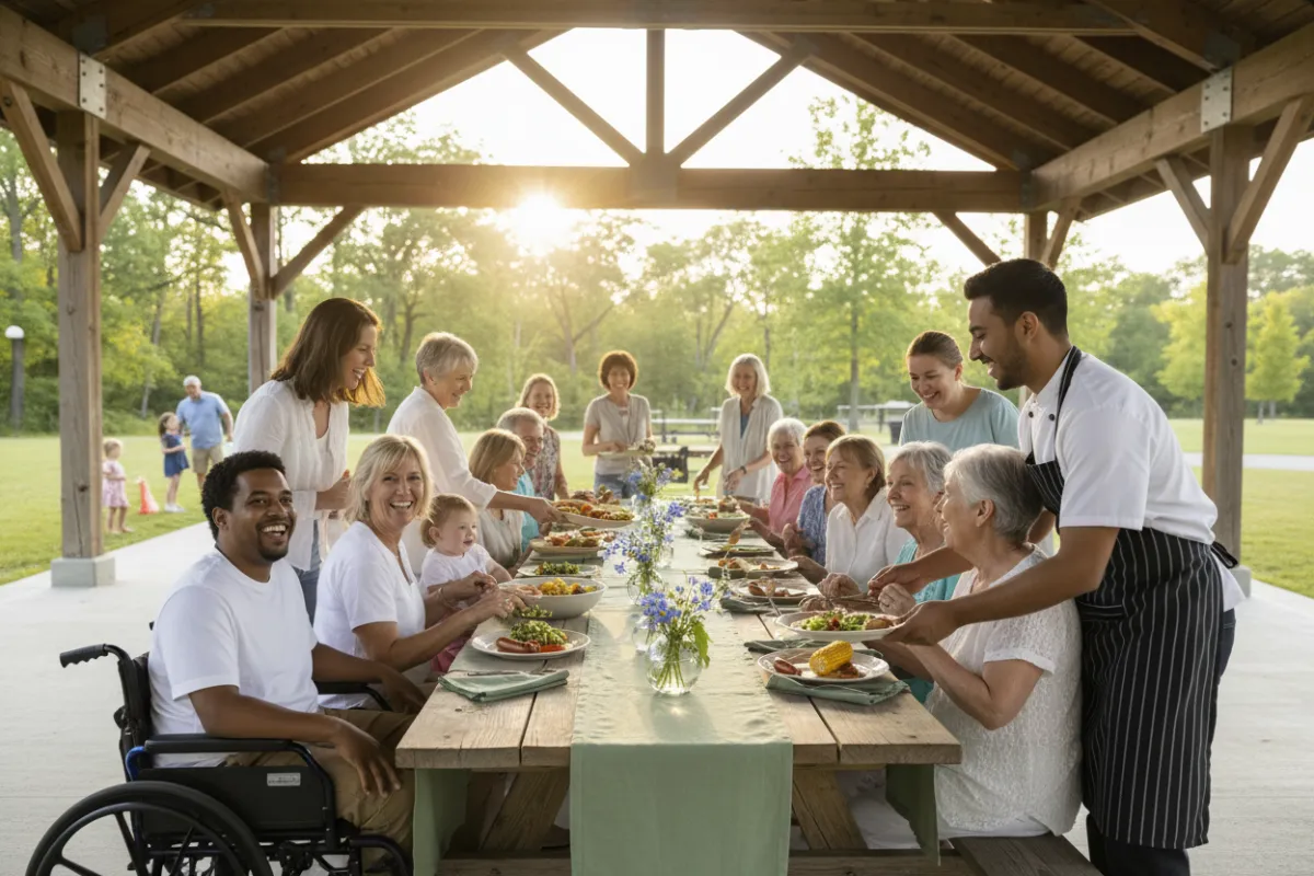 A group enjoying a summer cookout at a local pavilion