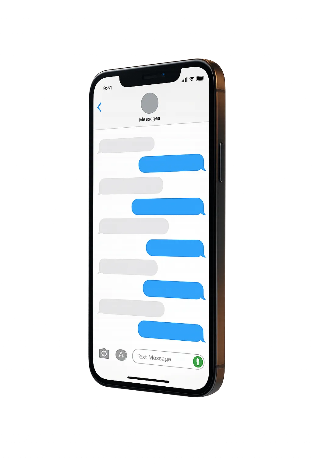 Mobile device showing a realistic text message conversation representing automated missed-call text-back