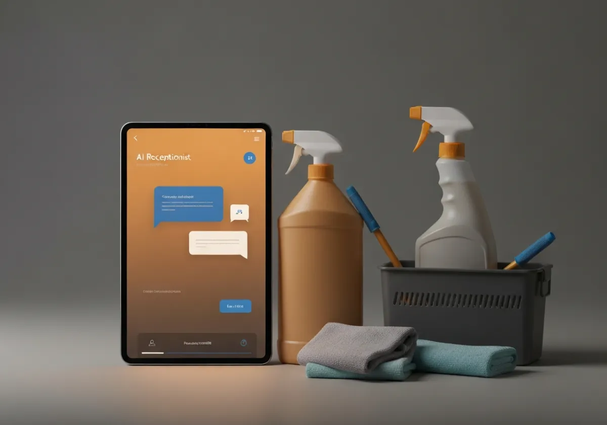 Sophisticated mockup of AI Receptionist chat window overlaid on professional cleaning equipment