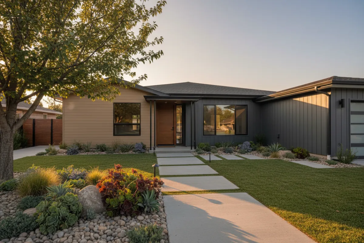 Renovated suburban home exterior at golden hour