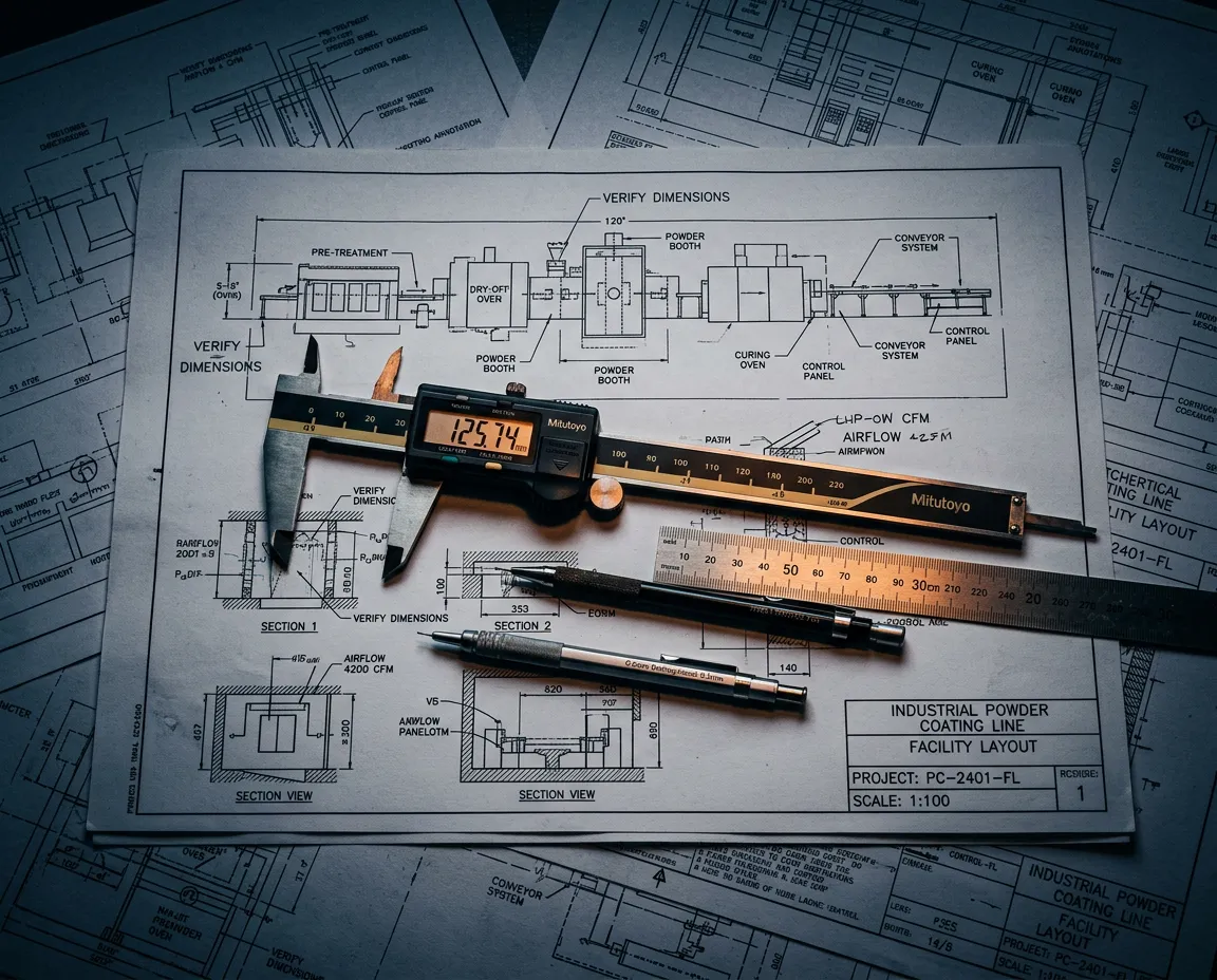 Engineering blueprint and technical CAD facility layout for industrial powder coating line
