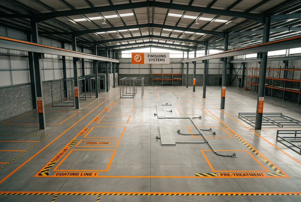 Coating facility shop floor workflow blueprint and conveyor track layout