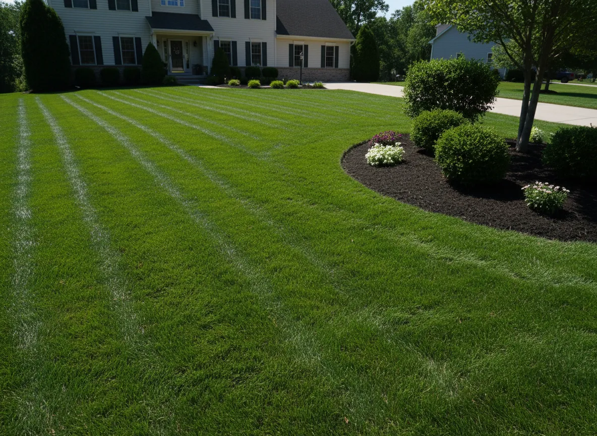 Crew mowing a neatly striped residential lawn