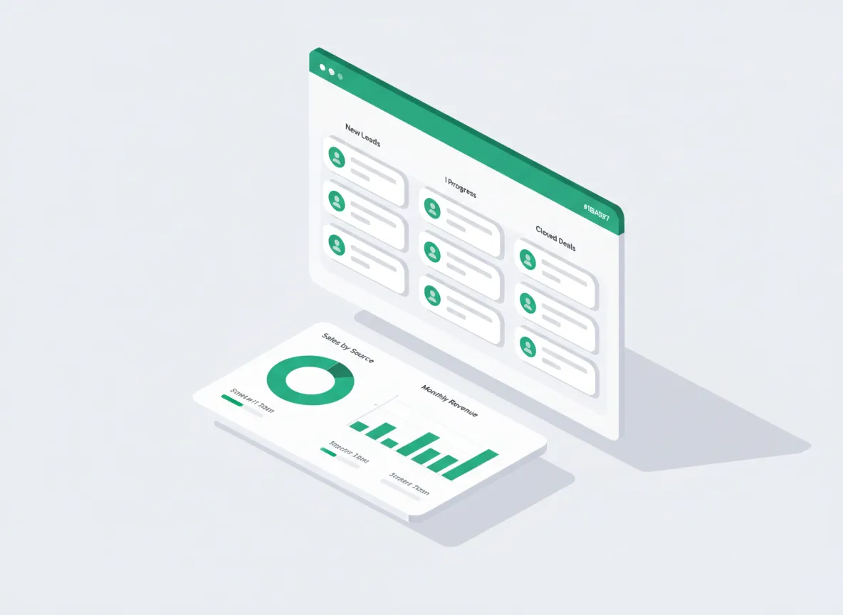Illustratieve weergave van een moderne CRM-interface met pipelines en activiteiten