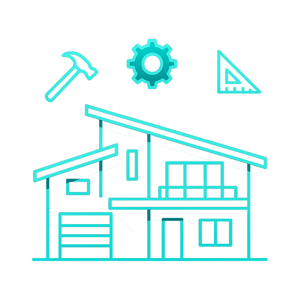Architectural vector illustration of a modern luxury home renovation with HVAC, roofing, and structural trade icons