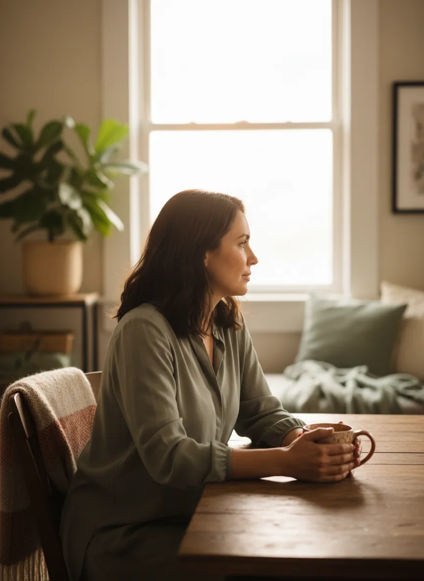 A contemplative mother looking out the window, processing her feelings of invisible labor.