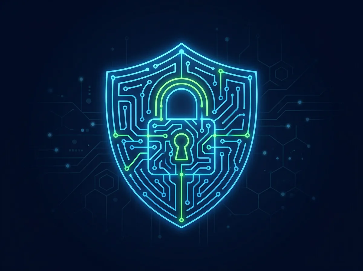 Cybersecurity shield and padlock icon with circuit network lines (no people)