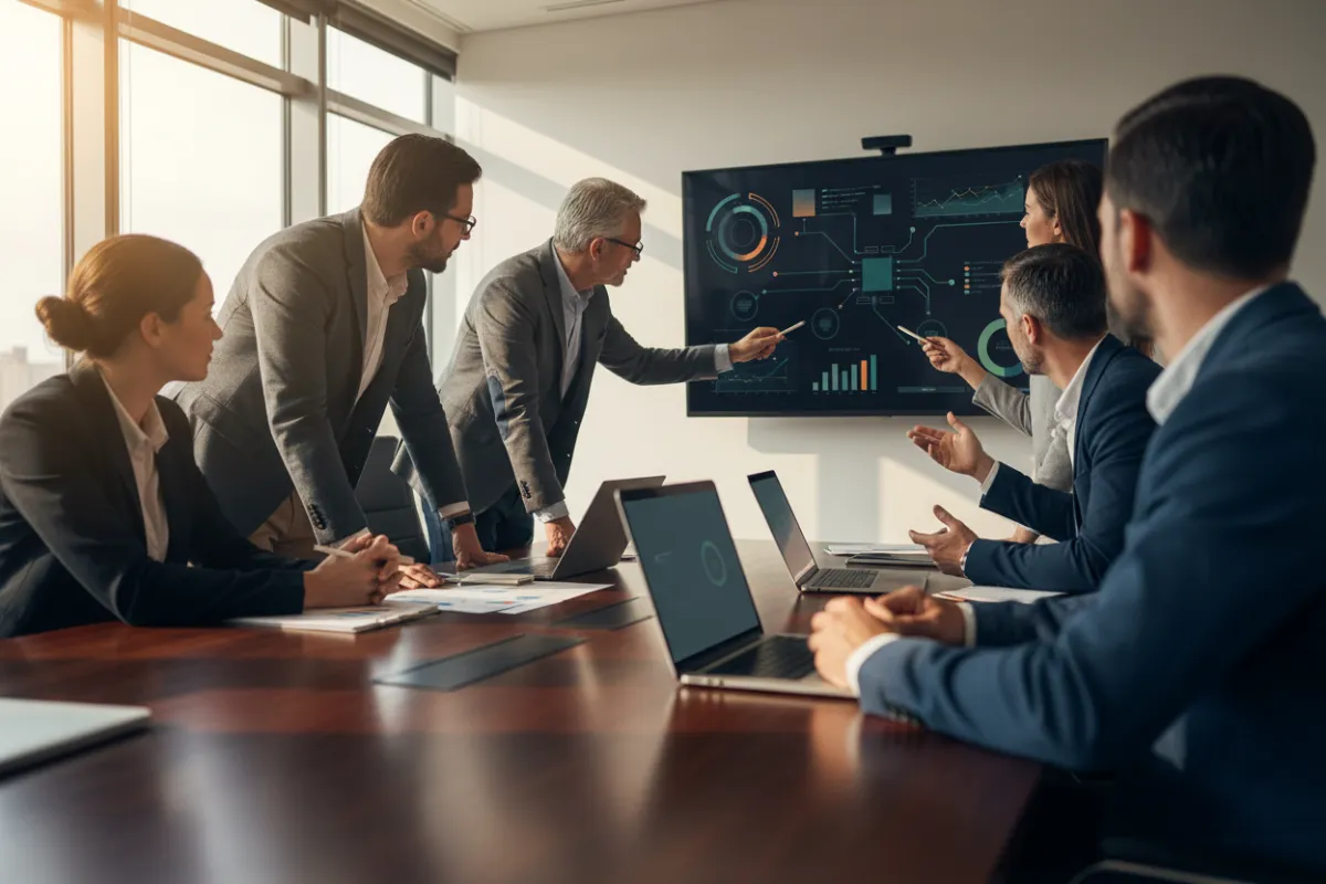 Operations team reviewing a growth dashboard in a modern boardroom.