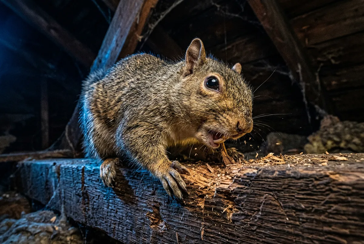 High contrast close-up of a squirrel chewing attic electrical wires