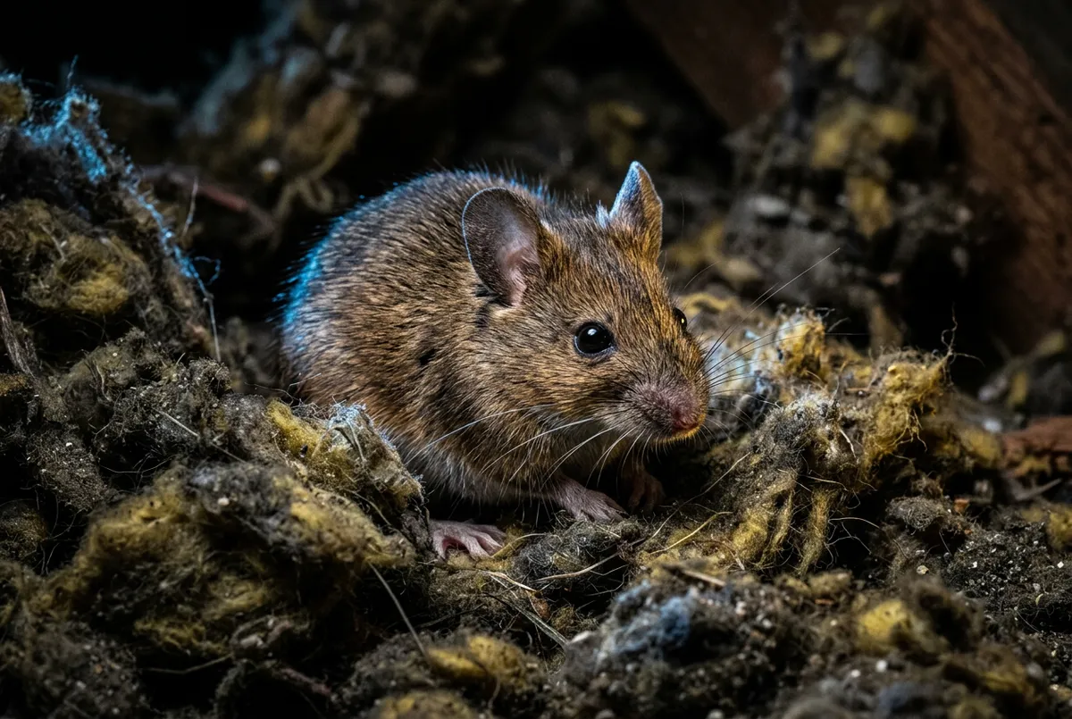 High contrast close-up of mice nesting inside attic insulation