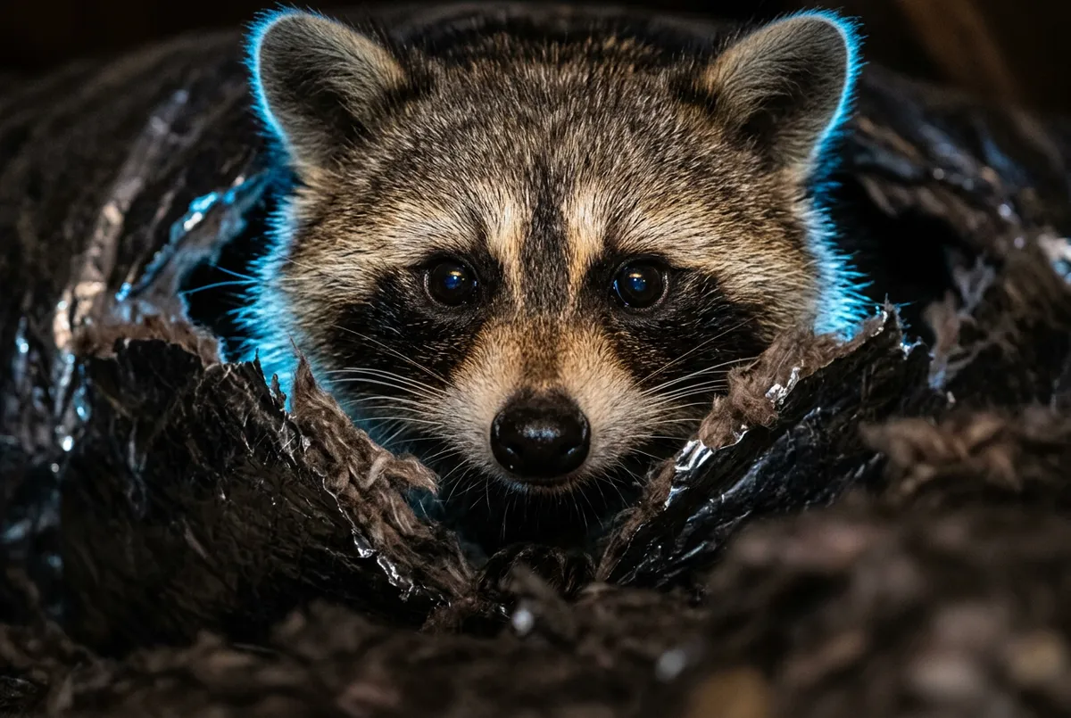 High contrast tactical view of raccoons ripping attic ductwork