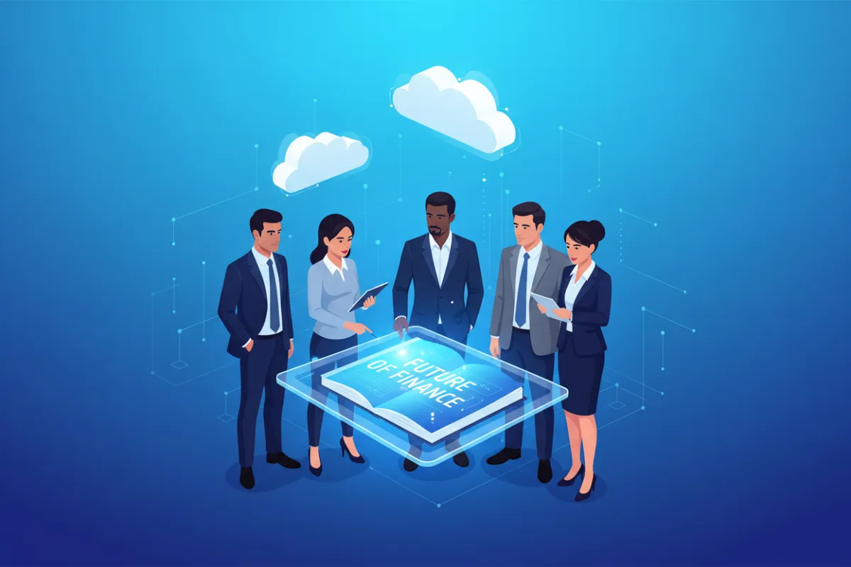 A confident, diverse group of finance professionals in a modern office, reviewing a digital eBook on a large tablet, with cloud icons floating above. The background is a vibrant blue gradient, evoking energy and innovation. 3:2 aspect ratio.