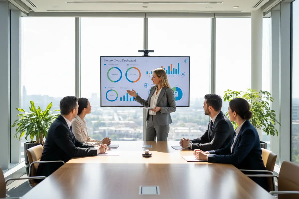 A female IT consultant presenting a secure cloud dashboard to a small insurance team in a bright, glass-walled meeting room. The dashboard displays compliance and security metrics. 3:2 aspect ratio.