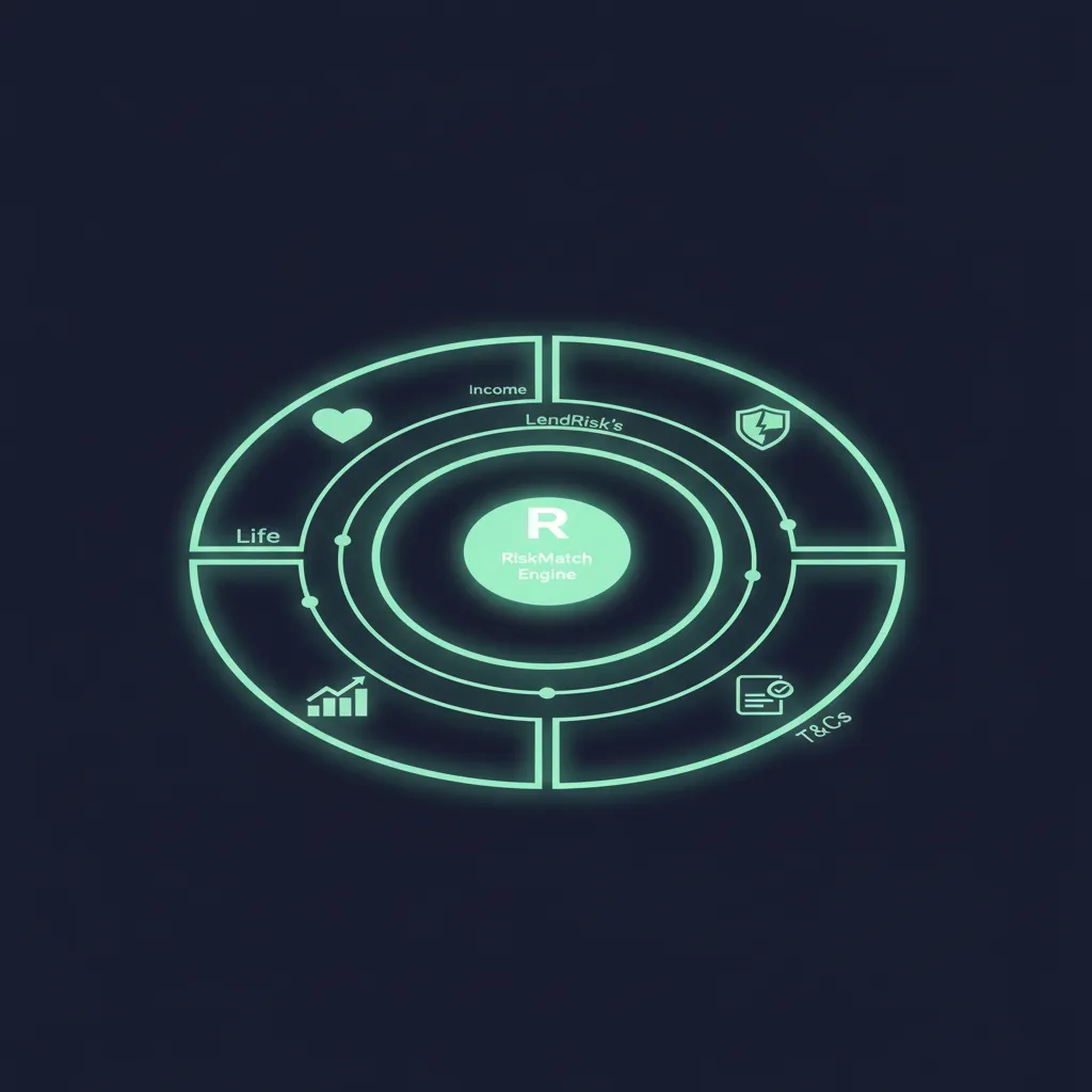Circular infographic illustrating LendRisk's RiskMatch engine for Life, Income, Trauma and T&Cs.